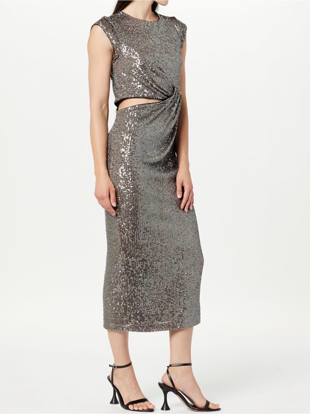 The Drop Silver Pewter Sequin Side Cutout Midi Dress Padma XS Party Cocktail NWT - Picture 4 of 7